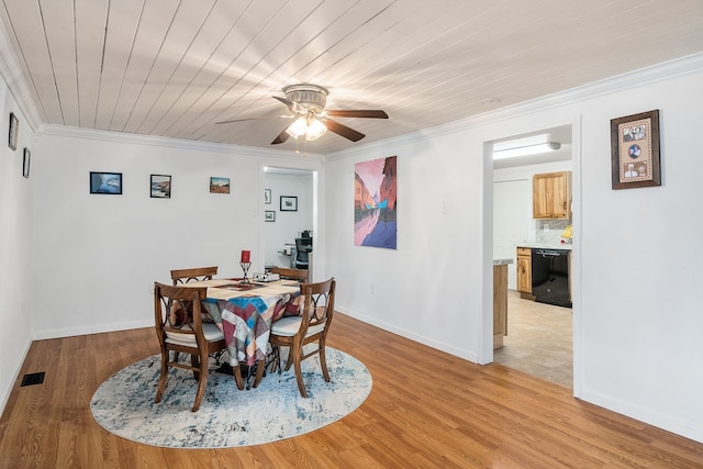 dining room with crown molding, ceiling fan, wooden ceiling, and light hardwood / wood-style flooring