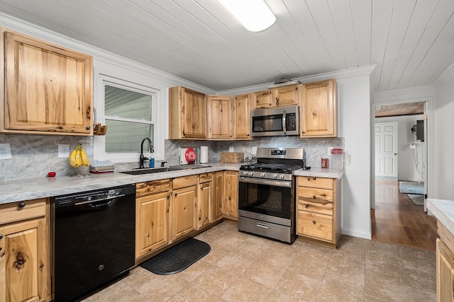 kitchen with light tile flooring, tasteful backsplash, ornamental molding, appliances with stainless steel finishes, and sink