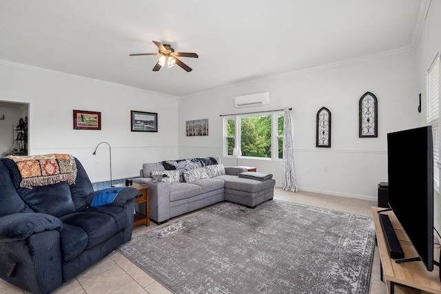 tiled living room with ceiling fan, ornamental molding, and an AC wall unit