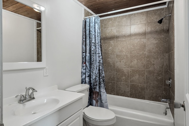 full bathroom featuring toilet, shower / tub combo with curtain, wood ceiling, and vanity