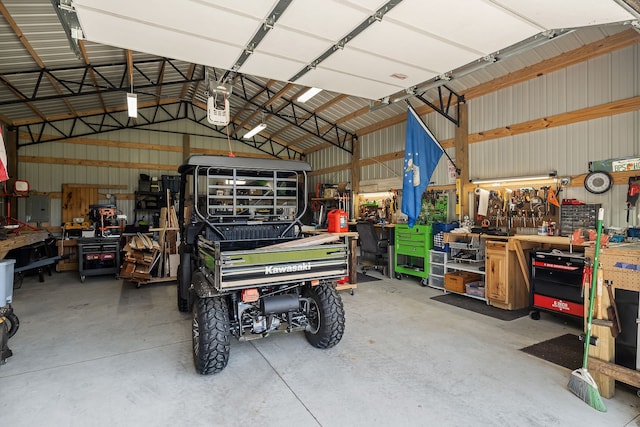 garage with a workshop area