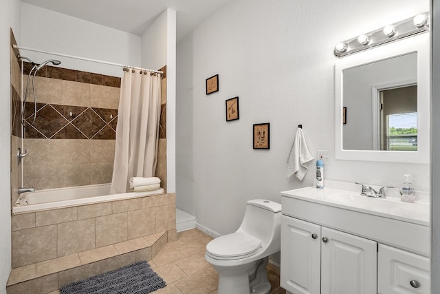 full bathroom with shower / bath combination with curtain, vanity, toilet, and tile floors