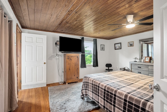 bedroom featuring ceiling fan, wood ceiling, and hardwood / wood-style flooring