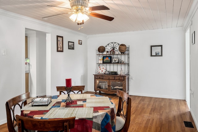 dining space with ceiling fan, ornamental molding, hardwood / wood-style floors, and wooden ceiling