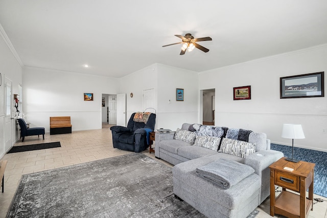 tiled living room with crown molding and ceiling fan