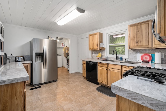 kitchen with sink, ornamental molding, appliances with stainless steel finishes, backsplash, and light tile flooring