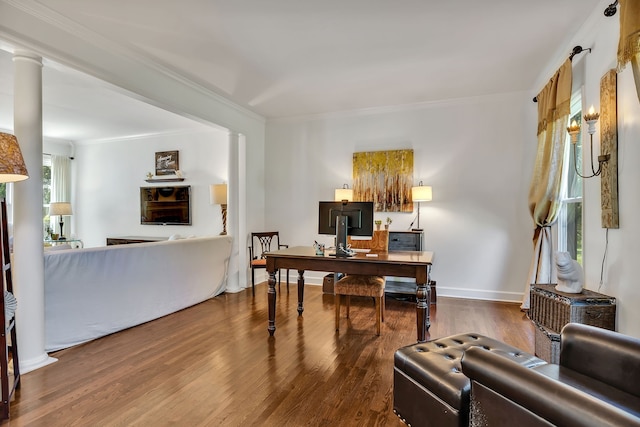 office featuring dark hardwood / wood-style flooring and ornamental molding