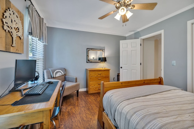 bedroom with ceiling fan, dark hardwood / wood-style flooring, and ornamental molding