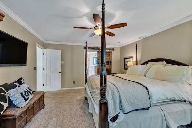 carpeted bedroom with ceiling fan and crown molding