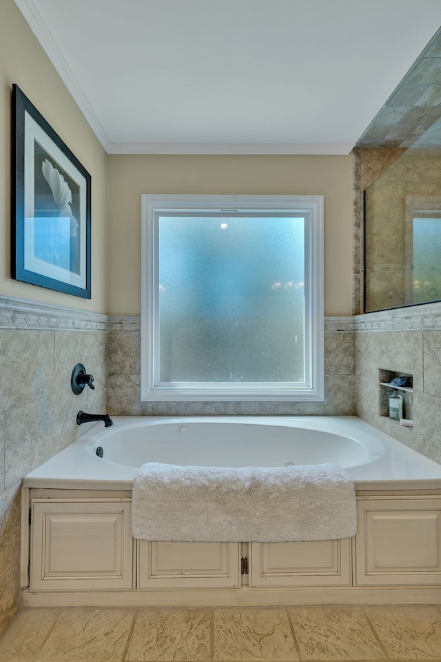 bathroom with tile floors and a tub