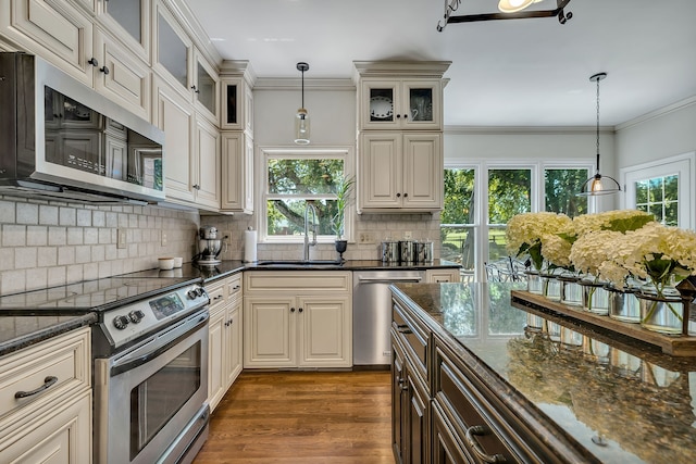 kitchen with pendant lighting, dark hardwood / wood-style floors, appliances with stainless steel finishes, and sink