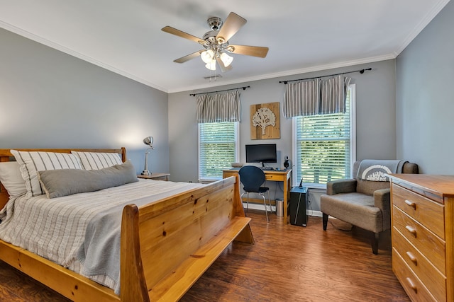 bedroom featuring ceiling fan, dark wood-type flooring, and crown molding