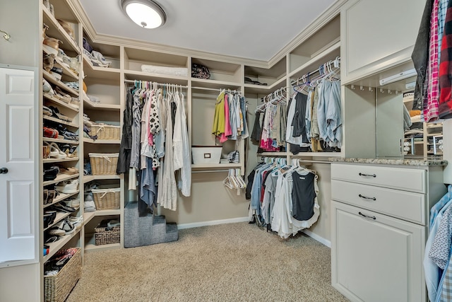 walk in closet with light carpet