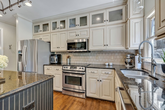 kitchen with rail lighting, stainless steel appliances, sink, and dark hardwood / wood-style flooring