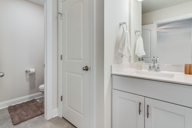 bathroom with toilet, tile flooring, vanity, and ceiling fan