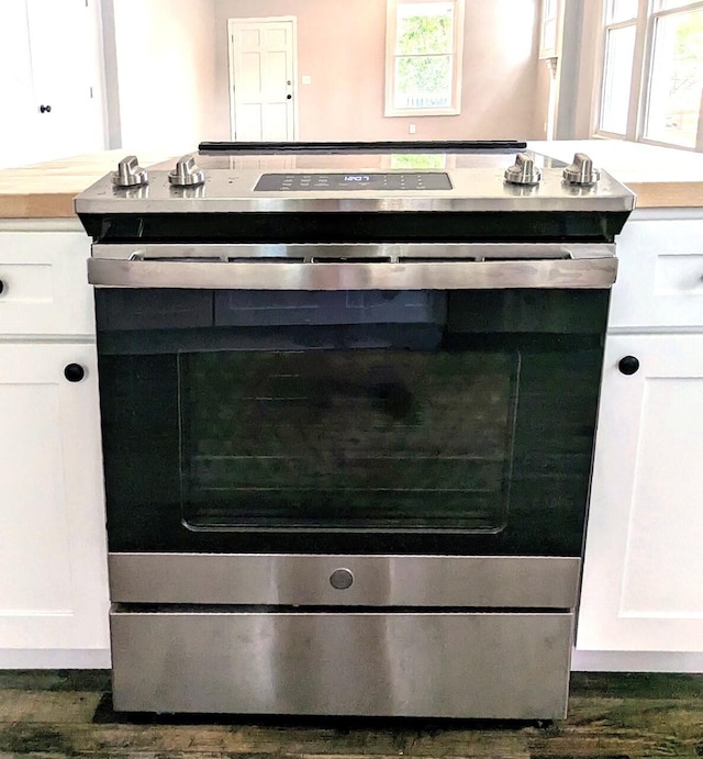 room details with stainless steel stove and dark hardwood / wood-style floors