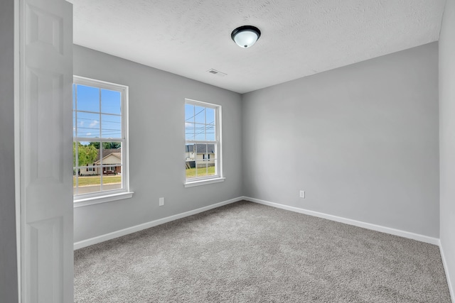 carpeted spare room with a textured ceiling