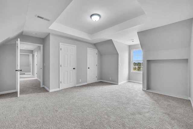 bonus room with light carpet and lofted ceiling