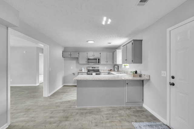 kitchen featuring gray cabinets, stainless steel appliances, light hardwood / wood-style flooring, and kitchen peninsula