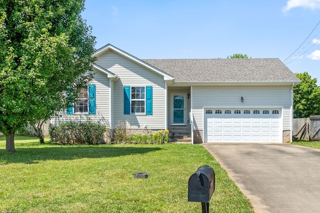 ranch-style house with a front yard and a garage