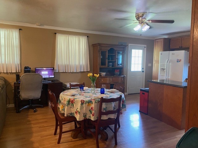 dining room featuring ceiling fan, ornamental molding, and light hardwood / wood-style floors