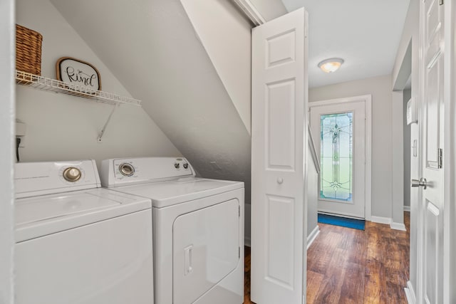 laundry room featuring independent washer and dryer and dark hardwood / wood-style floors