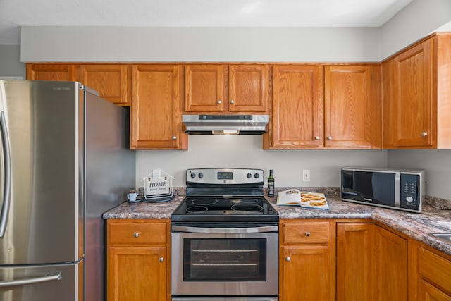 kitchen featuring stainless steel appliances and dark stone counters