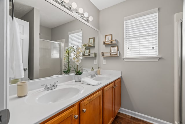 bathroom with large vanity, dual sinks, and wood-type flooring