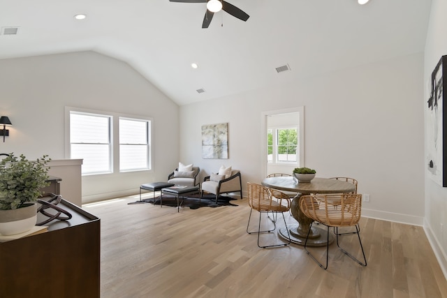 interior space featuring lofted ceiling, light hardwood / wood-style floors, and ceiling fan