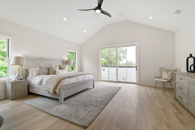 bedroom with lofted ceiling, ceiling fan, access to outside, and light hardwood / wood-style floors