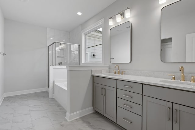 bathroom with shower with separate bathtub, double sink vanity, and tile floors