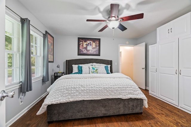 bedroom featuring ceiling fan and dark hardwood / wood-style flooring