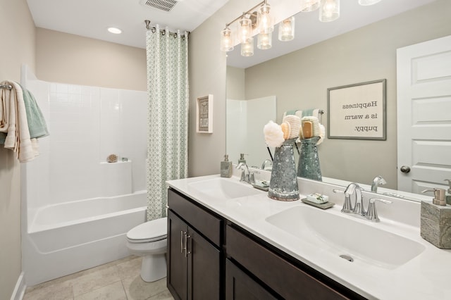 full bathroom with tile flooring, double sink vanity, shower / bath combination with curtain, and toilet