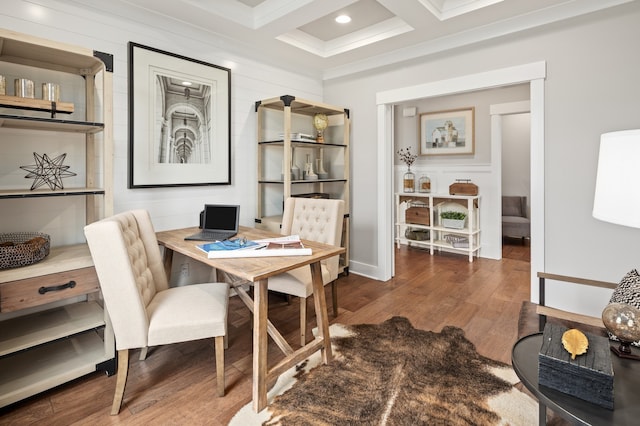 home office with beam ceiling, coffered ceiling, and dark wood-type flooring