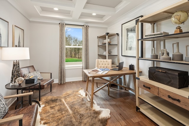 office area with coffered ceiling, dark wood-type flooring, ornamental molding, and beam ceiling