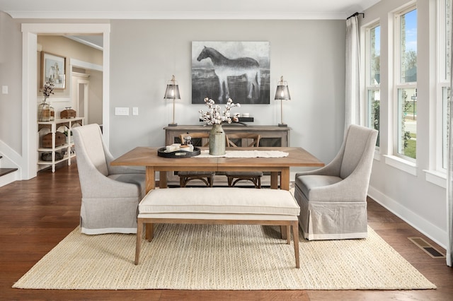 dining area featuring crown molding, dark wood-type flooring, and a healthy amount of sunlight