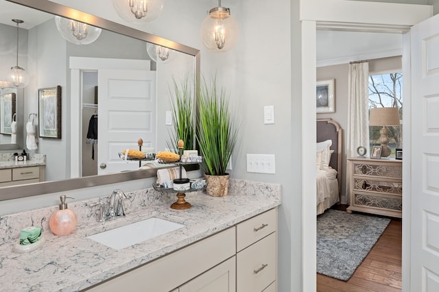 bathroom with ornamental molding, large vanity, and wood-type flooring