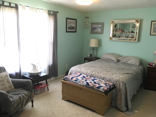 bedroom featuring light carpet