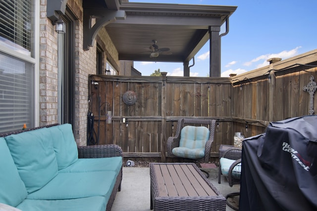 view of terrace featuring ceiling fan, grilling area, and an outdoor hangout area