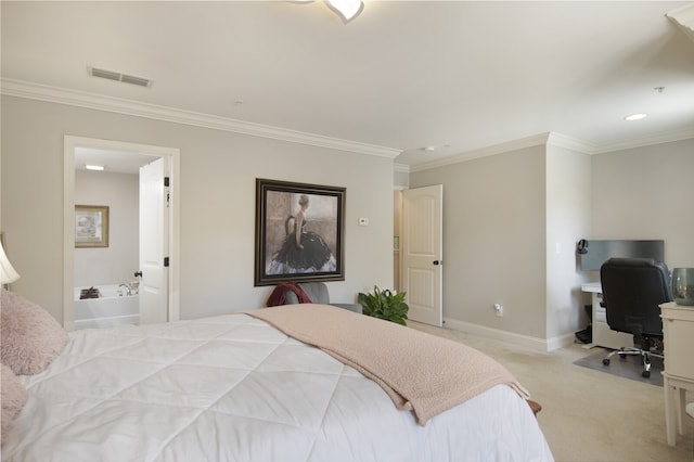 carpeted bedroom featuring crown molding