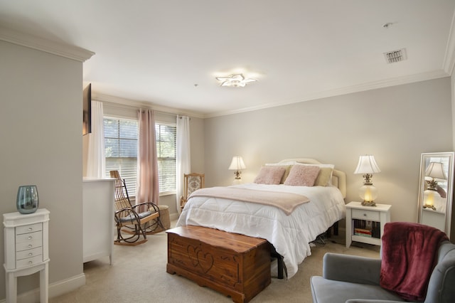 carpeted bedroom with crown molding