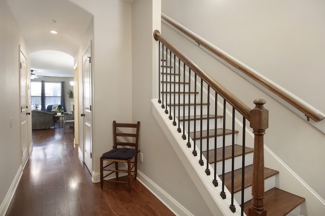 stairway with dark hardwood / wood-style flooring and ceiling fan