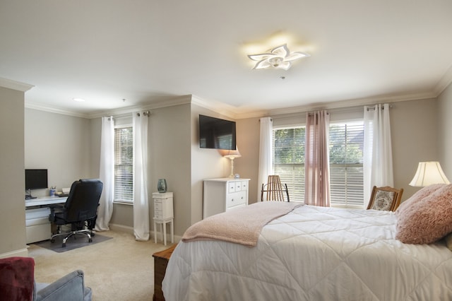 bedroom with light carpet, ornamental molding, and ceiling fan