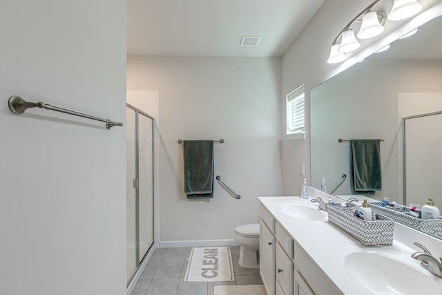 bathroom with dual vanity, tile floors, a shower with door, and toilet