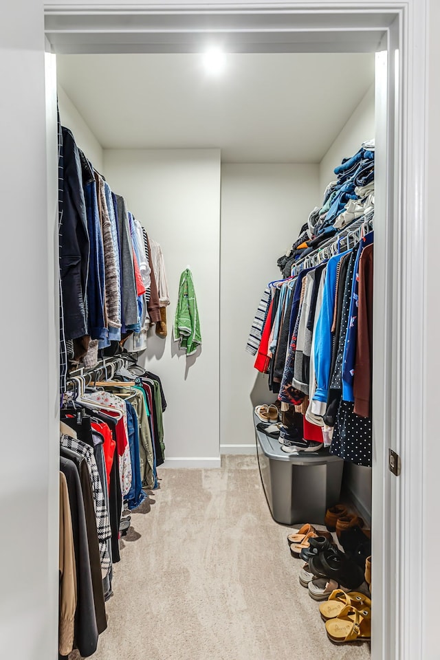 walk in closet featuring light carpet