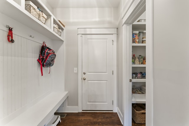 mudroom featuring dark wood-type flooring