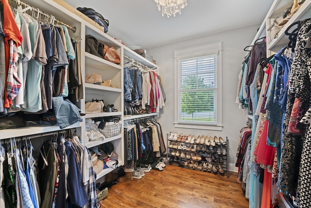 walk in closet featuring hardwood / wood-style floors and a chandelier