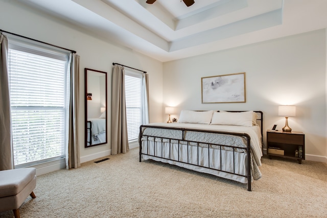 carpeted bedroom with ceiling fan, a raised ceiling, and multiple windows