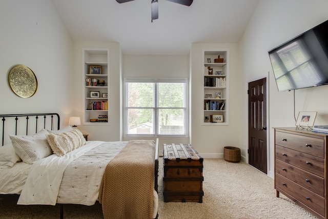 bedroom featuring ceiling fan and light colored carpet