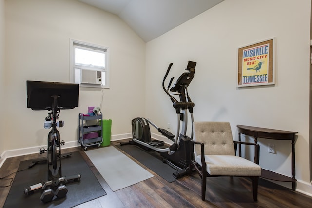 exercise area featuring vaulted ceiling and dark wood-type flooring